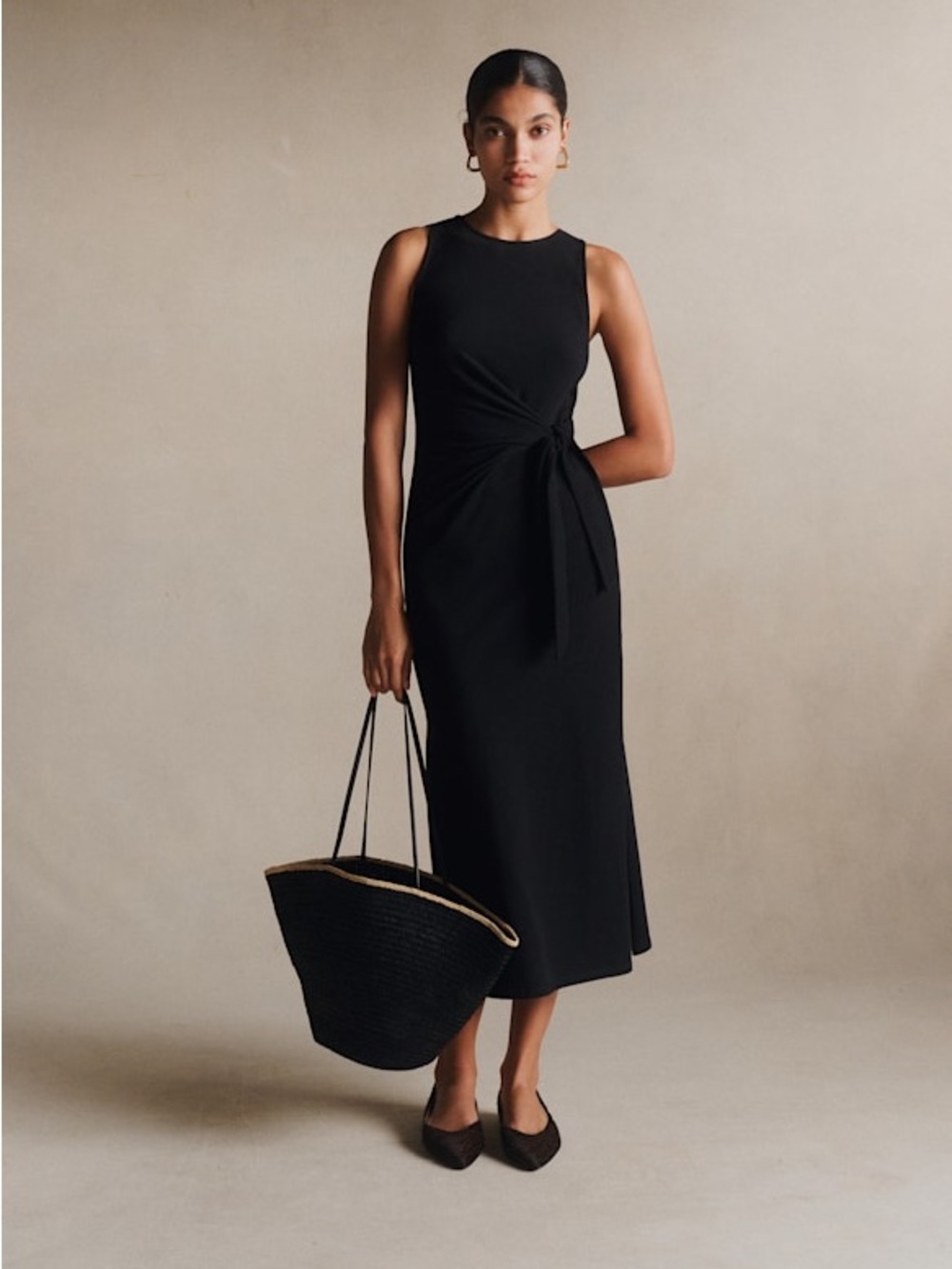 Sezane Black Sleeveless Tie-Waist Midi Dress